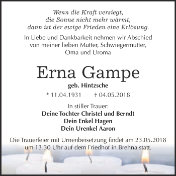Traueranzeige von Erna Gampe von WVG - Wochenspiegel Bitterfeld