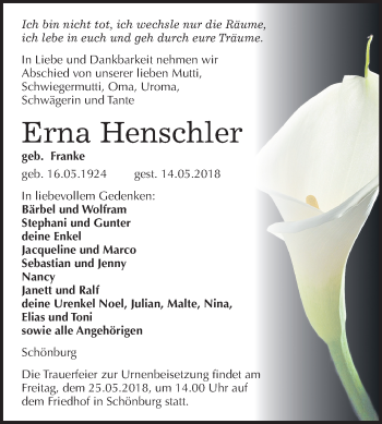 Traueranzeige von Erna Henschler von Mitteldeutsche Zeitung
