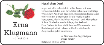 Traueranzeige von Erna Klugmann von Super Sonntag Wittenberg
