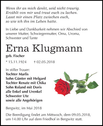 Traueranzeige von Erna Klugmann von Mitteldeutsche Zeitung