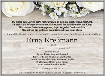 Traueranzeige von Erna Kreßmann von Mitteldeutsche Zeitung Köthen