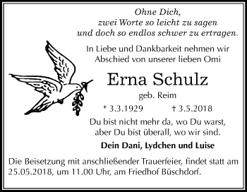 Traueranzeige von Erna Schulz von Mitteldeutsche Zeitung Halle/Saalkreis