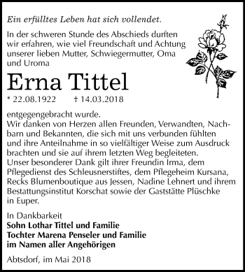 Traueranzeige von Erna Tittel von WVG - Wochenspiegel Wittenberg