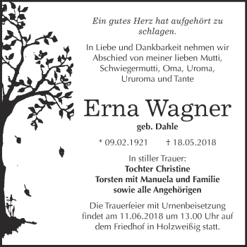 Traueranzeige von Erna Wagner von WVG - Wochenspiegel Bitterfeld