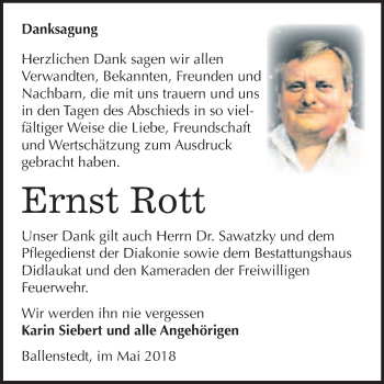 Traueranzeige von Ernst Rott von WVG - Wochenspiegel Quedlinburg