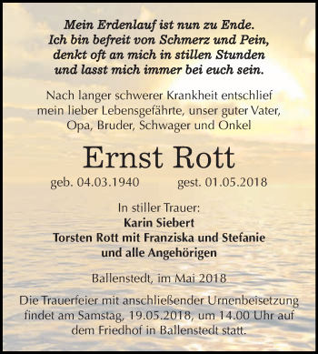 Traueranzeige von Ernst Rott von WVG - Wochenspiegel Quedlinburg
