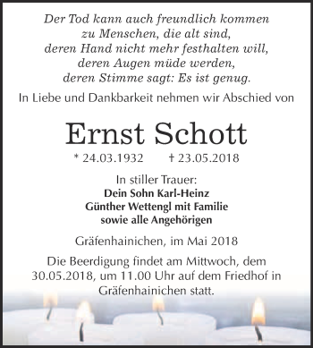 Traueranzeige von Ernst Schott von WVG - Wochenspiegel Wittenberg