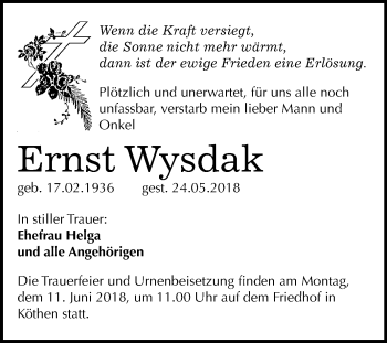 Traueranzeige von Ernst Wysdak von Mitteldeutsche Zeitung Köthen