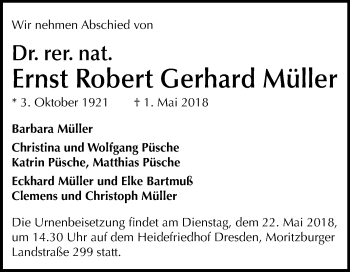 Traueranzeige von Ernst Robert Gerhard Müller von WVG - Wochenspiegel Merseburg