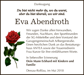 Traueranzeige von Eva Abendroth von WVG - Wochenspiegel Dessau / Köthen