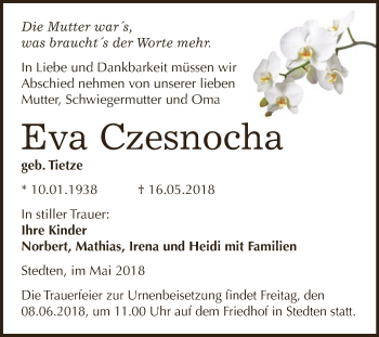 Traueranzeige von Eva Czesnocha von Super Sonntag SGH Mansf. Land
