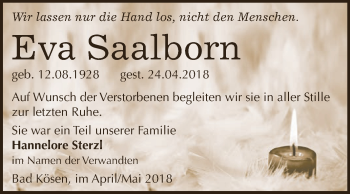 Traueranzeige von Eva Saalborn von WVG - Wochenspiegel NMB / WSF / ZTZ