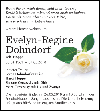 Traueranzeige von Evelyn-Regine Dohndorf von Mitteldeutsche Zeitung Sangerhausen