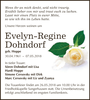 Traueranzeige von Evelyn-Regine Dohndorf von Super Sonntag SGH Mansf. Land