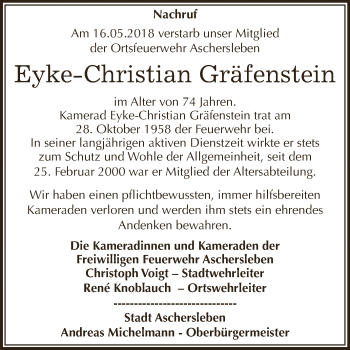 Traueranzeige von Eyke Gräfenstein von Super Sonntag Aschersleben