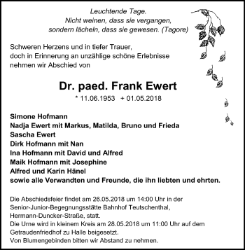Traueranzeige von Frank Ewert von Mitteldeutsche Zeitung Halle/Saalkreis