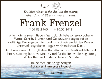 Traueranzeige von Frank Frenzel von Wochenspiegel Mansfelder Land