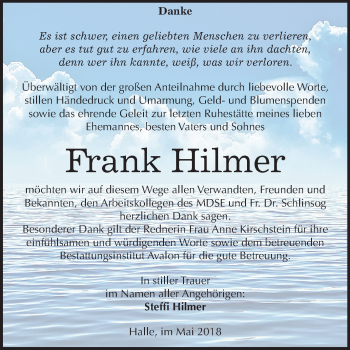 Traueranzeige von Frank Hilmer von Mitteldeutsche Zeitung Halle/Saalkreis