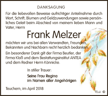 Traueranzeige von Frank Melzer von WVG - Wochenspiegel NMB / WSF / ZTZ