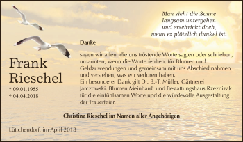 Traueranzeige von Frank Rieschel von Super Sonntag SGH Mansf. Land