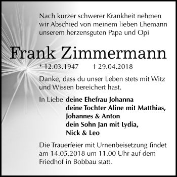 Traueranzeige von Frank Zimmermann von Mitteldeutsche Zeitung Bitterfeld