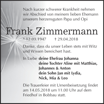 Traueranzeige von Frank Zimmermann von WVG - Wochenspiegel Bitterfeld