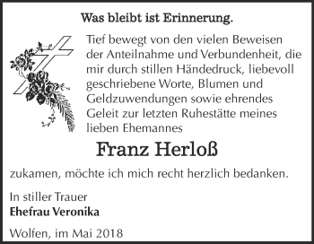 Traueranzeige von Franz Herloß von WVG - Wochenspiegel Bitterfeld