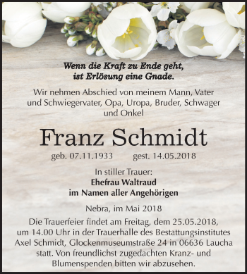Traueranzeige von Franz Schmidt von Mitteldeutsche Zeitung