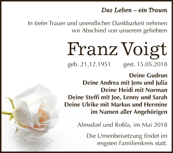 Traueranzeige von Franz Voigt von Super Sonntag SGH Mansf. Land