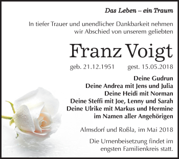 Traueranzeige von Franz Voigt von Mitteldeutsche Zeitung Sangerhausen
