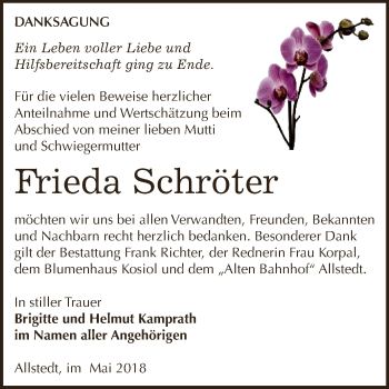 Traueranzeige von Frieda Schröter von Super Sonntag SGH Mansf. Land