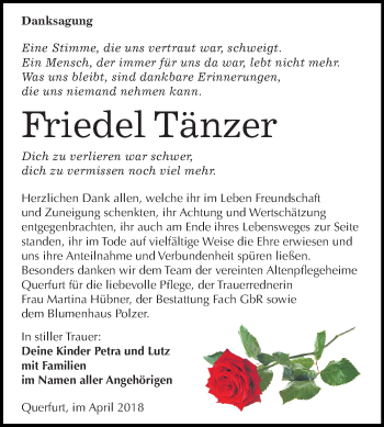 Traueranzeige von Friedel Tänzer von Mitteldeutsche Zeitung Merseburg/Querfurt