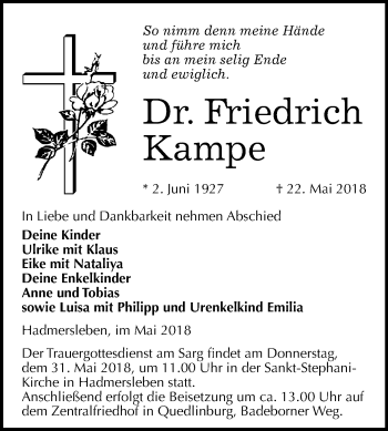 Traueranzeige von Friedrich Kampe von Mitteldeutsche Zeitung Quedlinburg
