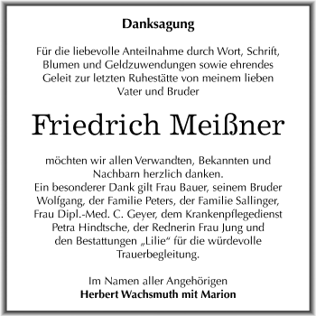 Traueranzeige von Friedrich Meißner von Mitteldeutsche Zeitung Dessau-Roßlau