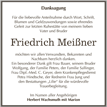 Traueranzeige von Friedrich Meißner von WVG - Wochenspiegel Dessau / Köthen
