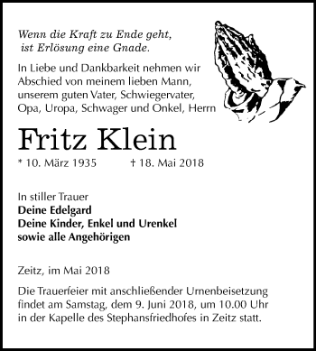 Traueranzeige von Fritz Klein von Mitteldeutsche Zeitung