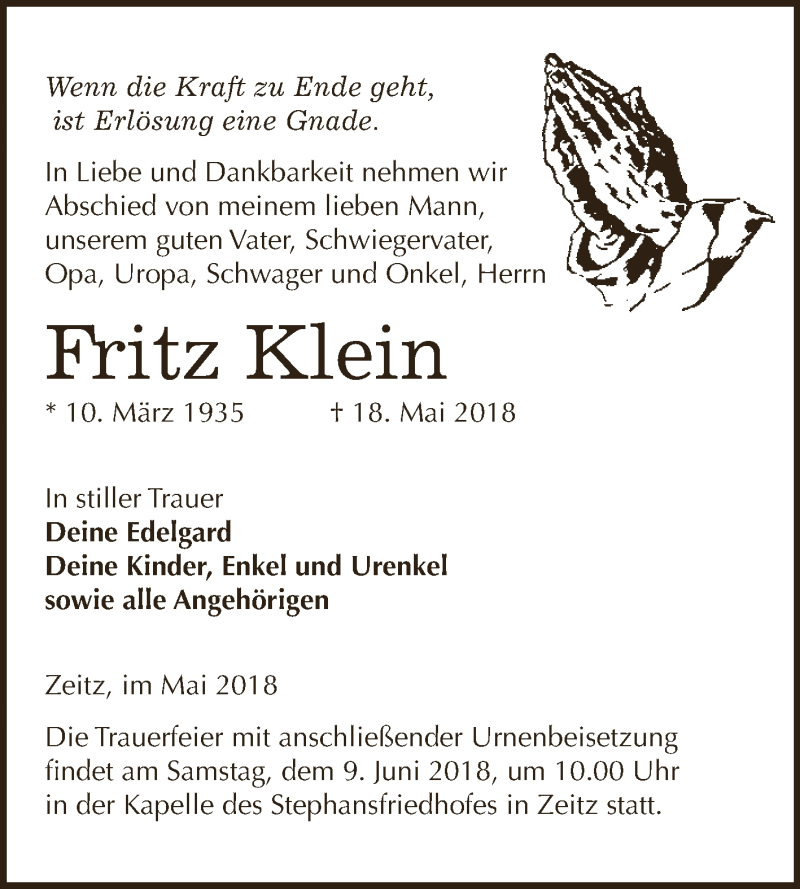  Traueranzeige für Fritz Klein vom 26.05.2018 aus Super Sonntag Zeitz