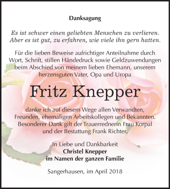 Traueranzeige von Fritz Knepper von Mitteldeutsche Zeitung Sangerhausen