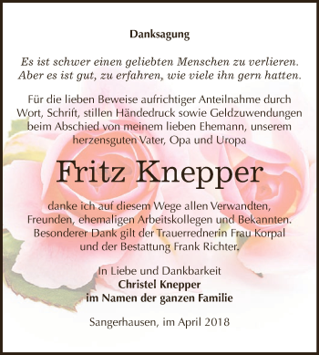 Traueranzeige von Fritz Knepper von WVG - Wochenspiegel SGH