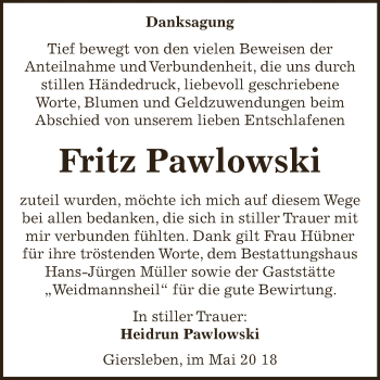 Traueranzeige von Fritz Pawlowski von Super Sonntag Aschersleben