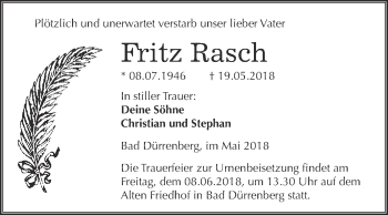 Traueranzeige von Fritz Rasch von Super Sonntag Merseburg