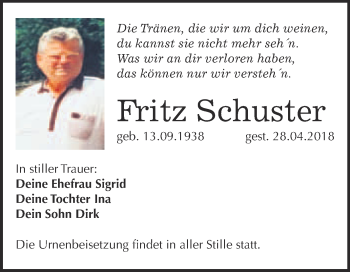 Traueranzeige von Fritz Schuster von WVG - Wochenspiegel Bitterfeld