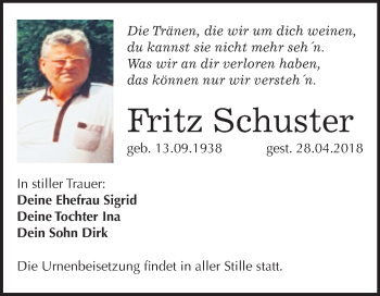 Traueranzeige von Fritz Schuster von Mitteldeutsche Zeitung Bitterfeld