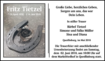 Traueranzeige von Fritz Tietzel von Mitteldeutsche Zeitung Quedlinburg