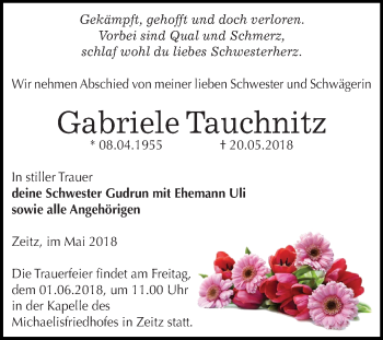 Traueranzeige von Gabriele Tauchnitz von Mitteldeutsche Zeitung Zeitz