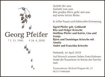 Traueranzeige von Georg Pfeifer von Wochenspiegel Mansfelder Land