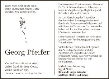 Traueranzeige von Georg Pfeifer von Wochenspiegel Mansfelder Land