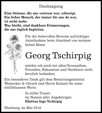 Traueranzeige von Georg Tschirpig von Mitteldeutsche Zeitung Bernburg