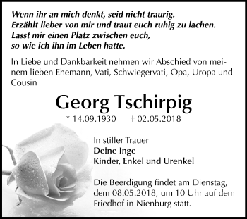 Traueranzeige von Georg Tschirpig von Mitteldeutsche Zeitung Bernburg