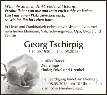 Traueranzeige von Georg Tschirpig von Super Sonntag Bernburg